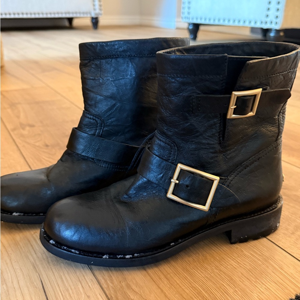 Jimmy Choo Black Leather Moto Boots with Gold Buckles